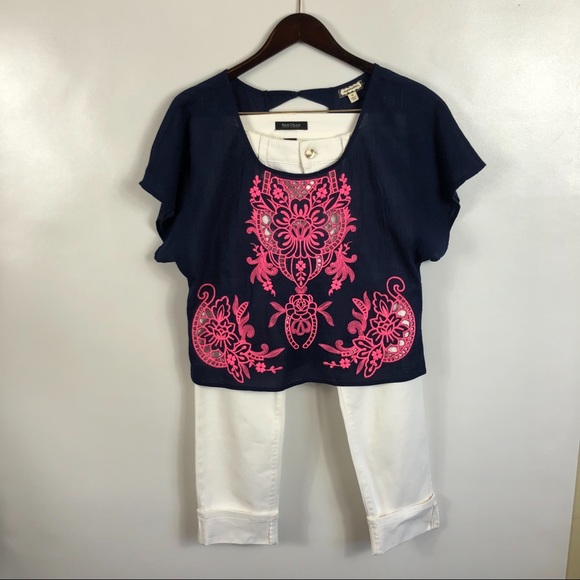 Eyelash Navy Embroidered BOHO Cropped Top Sz Med - Picture 4 of 7